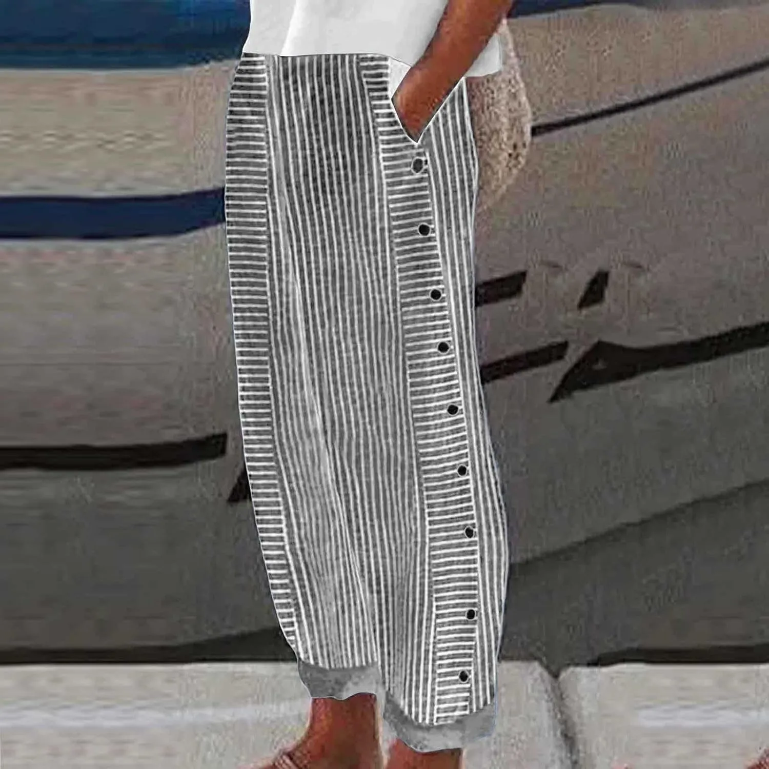 Striped Pants for Women Summer Trendy Side Button Elastic Waist Straight Leg Beach Casual Trousers with Pockets
