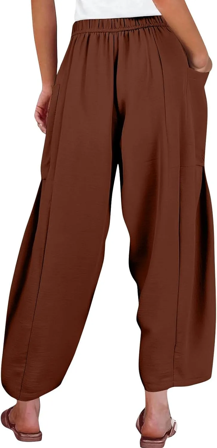 Summer Casual Pants for Women Linen Drawstring Loose Wide Leg Pants Flowy High Waisted Solid 2025 Trouser Multi-Pocket