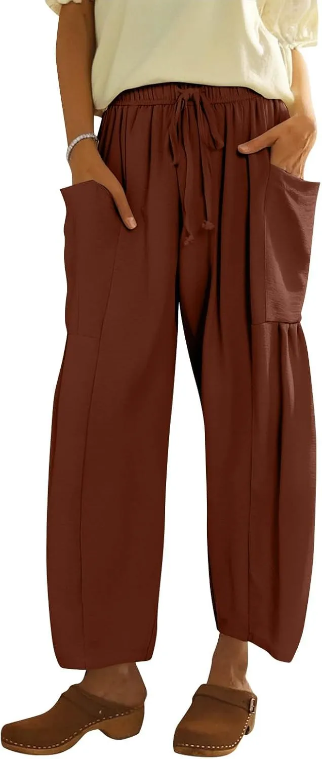Summer Casual Pants for Women Linen Drawstring Loose Wide Leg Pants Flowy High Waisted Solid 2025 Trouser Multi-Pocket