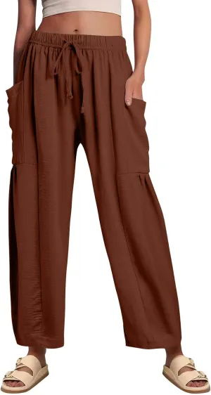 Summer Casual Pants for Women Linen Drawstring Loose Wide Leg Pants Flowy High Waisted Solid 2025 Trouser Multi-Pocket