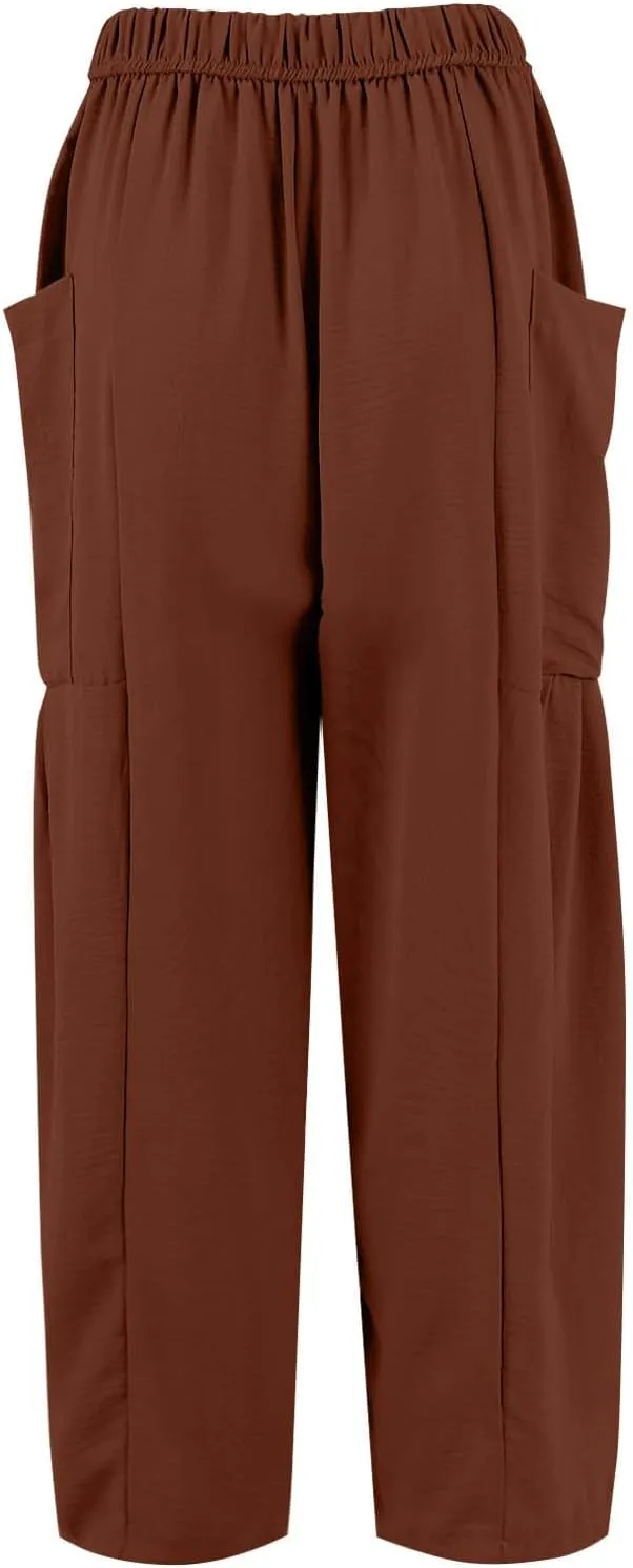 Summer Casual Pants for Women Linen Drawstring Loose Wide Leg Pants Flowy High Waisted Solid 2025 Trouser Multi-Pocket