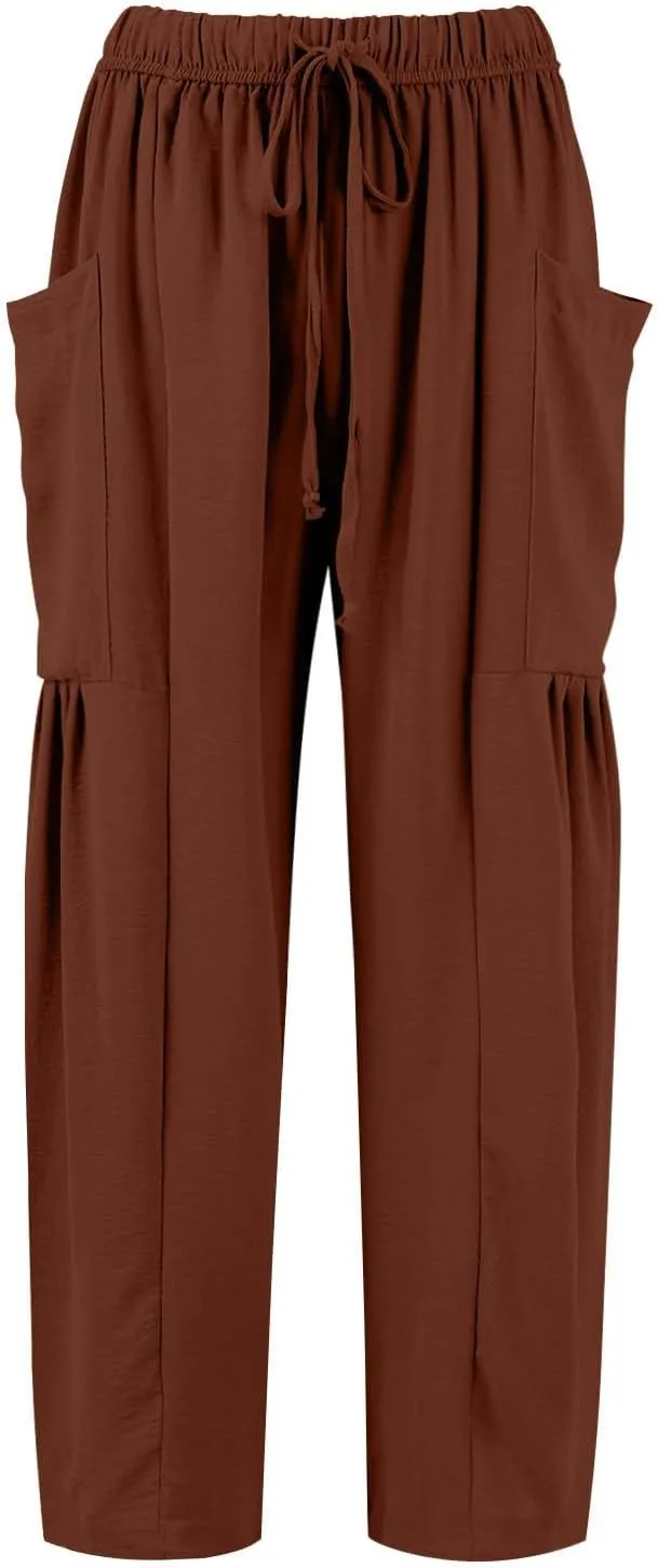Summer Casual Pants for Women Linen Drawstring Loose Wide Leg Pants Flowy High Waisted Solid 2025 Trouser Multi-Pocket