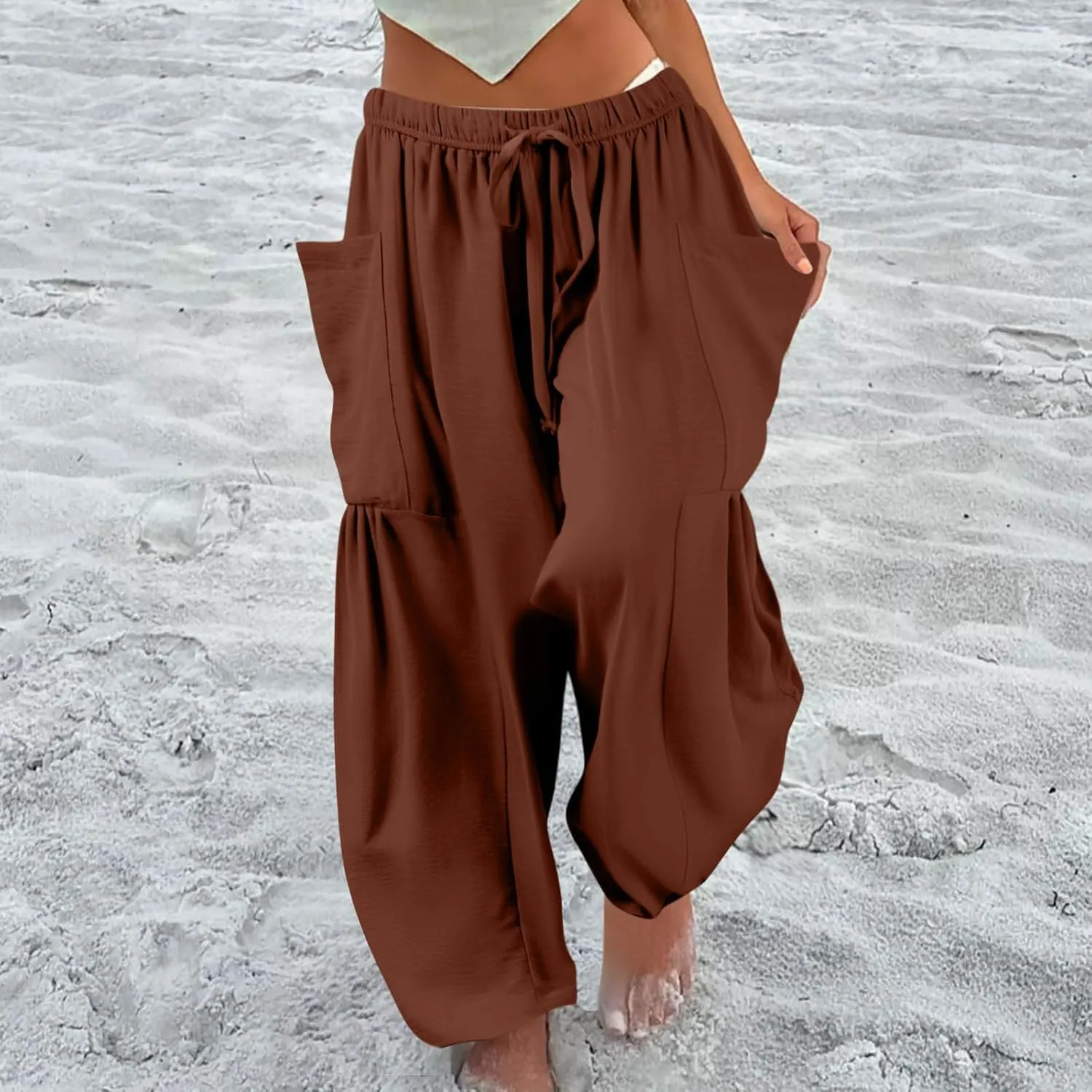 Summer Casual Pants for Women Linen Drawstring Loose Wide Leg Pants Flowy High Waisted Solid 2025 Trouser Multi-Pocket