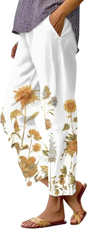 Summer Drawstring Linen Capris Cropped Pants for Women 2024 Casual Petite Ladies Drawstring Beach Baggy Trousers