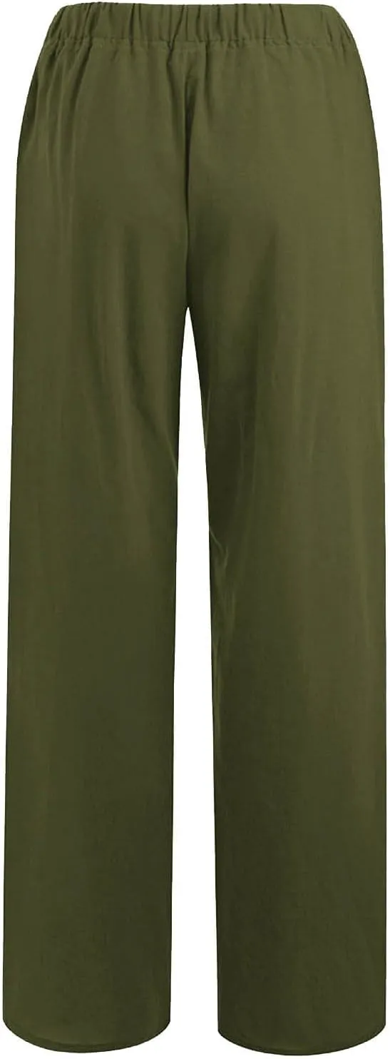 Summer Linen Pants for Women High Waisted Straight Leg Trousers Drawstring Elastic Loose Casual Boho Palazzo Pants