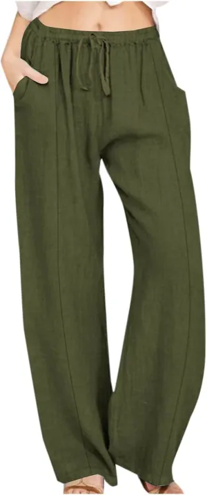 Summer Linen Pants for Women High Waisted Straight Leg Trousers Drawstring Elastic Loose Casual Boho Palazzo Pants