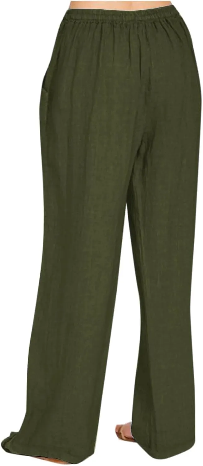 Summer Linen Pants for Women High Waisted Straight Leg Trousers Drawstring Elastic Loose Casual Boho Palazzo Pants