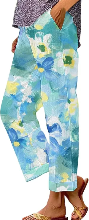 Summer Linen Pants for Women Wide Leg Boho Floral Printed Loose Palazzo Pants Elastic Waisted Drawstring with Pockets