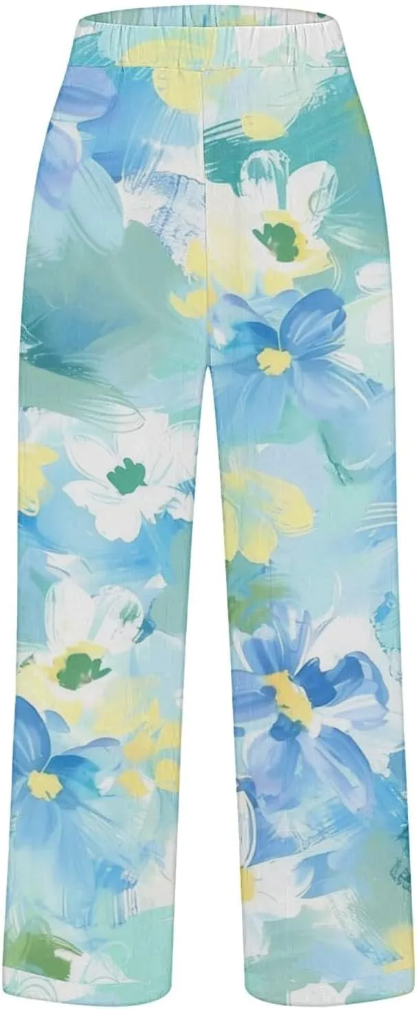Summer Linen Pants for Women Wide Leg Boho Floral Printed Loose Palazzo Pants Elastic Waisted Drawstring with Pockets