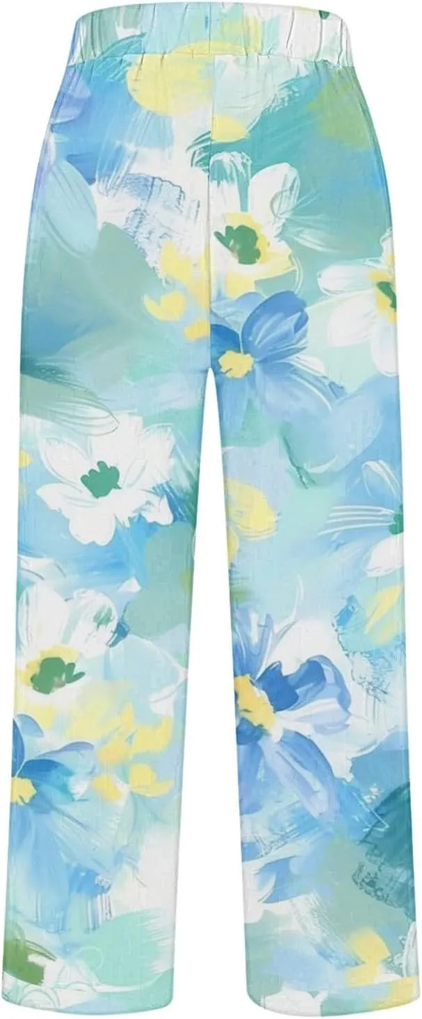 Summer Linen Pants for Women Wide Leg Boho Floral Printed Loose Palazzo Pants Elastic Waisted Drawstring with Pockets
