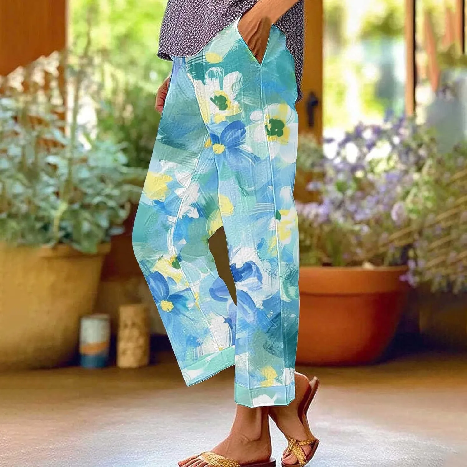 Summer Linen Pants for Women Wide Leg Boho Floral Printed Loose Palazzo Pants Elastic Waisted Drawstring with Pockets