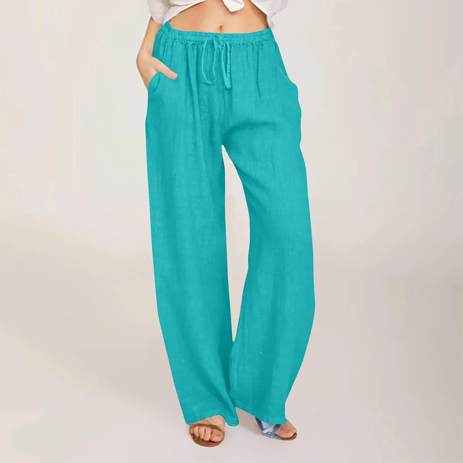 Summer Pants for Women 2025 Casual Loose Cotton Linen Pants Wide Leg Drawstring Elastic Waist Trousers with Pockets
