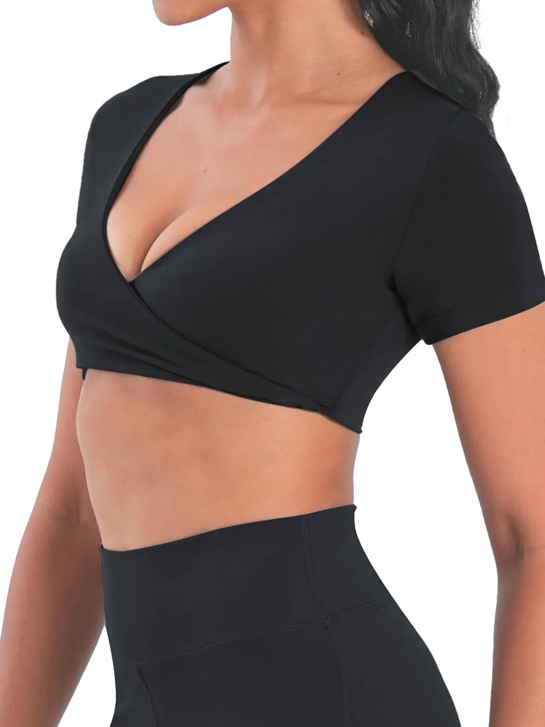 Sunzel Women's Short Sleeve Workout Tops Twist Front Deep V Crop Top Quick Dry Compression Shirts for Yoga Gym Pilates Spring