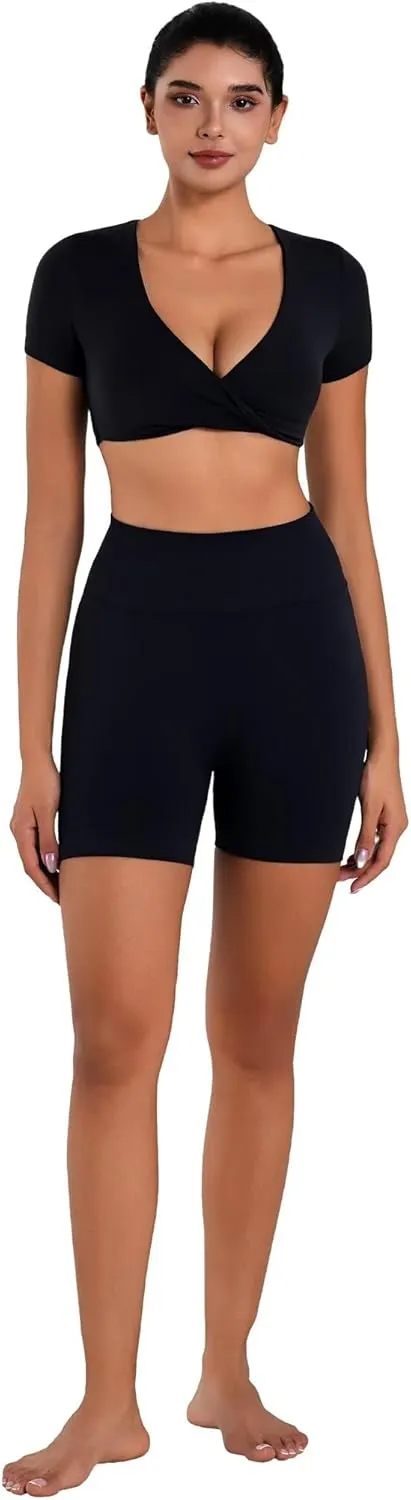 Sunzel Women's Short Sleeve Workout Tops Twist Front Deep V Crop Top Quick Dry Compression Shirts for Yoga Gym Pilates Spring