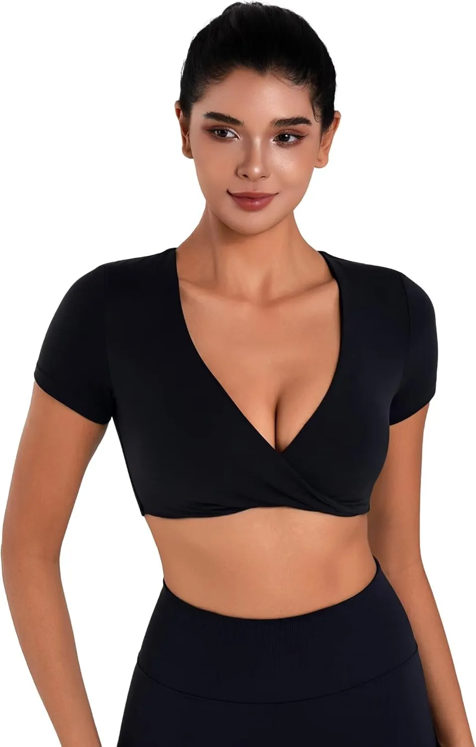 Sunzel Women's Short Sleeve Workout Tops Twist Front Deep V Crop Top Quick Dry Compression Shirts for Yoga Gym Pilates Spring