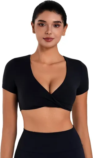 Sunzel Women's Short Sleeve Workout Tops Twist Front Deep V Crop Top Quick Dry Compression Shirts for Yoga Gym Pilates Spring