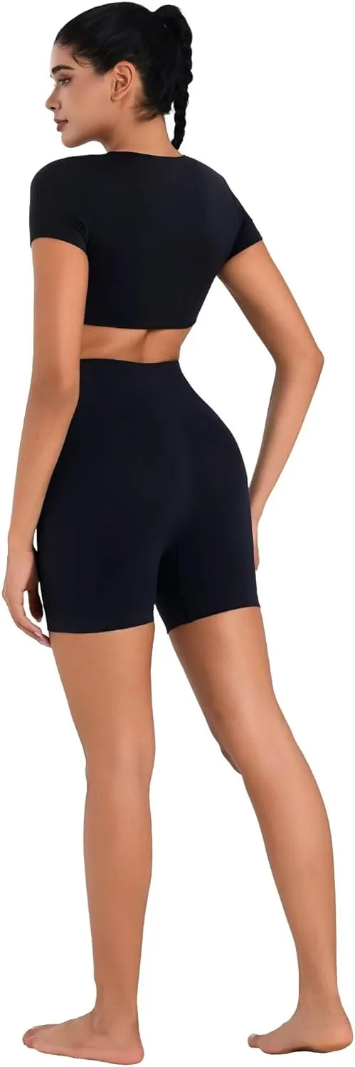 Sunzel Women's Short Sleeve Workout Tops Twist Front Deep V Crop Top Quick Dry Compression Shirts for Yoga Gym Pilates Spring