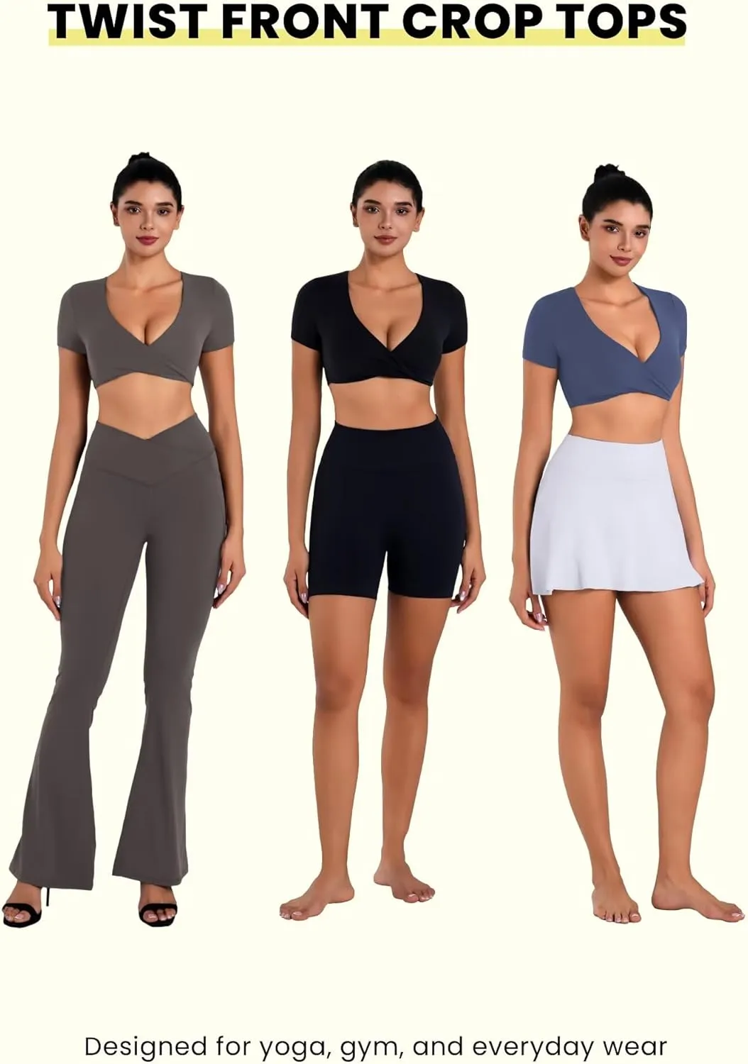 Sunzel Women's Short Sleeve Workout Tops Twist Front Deep V Crop Top Quick Dry Compression Shirts for Yoga Gym Pilates Spring