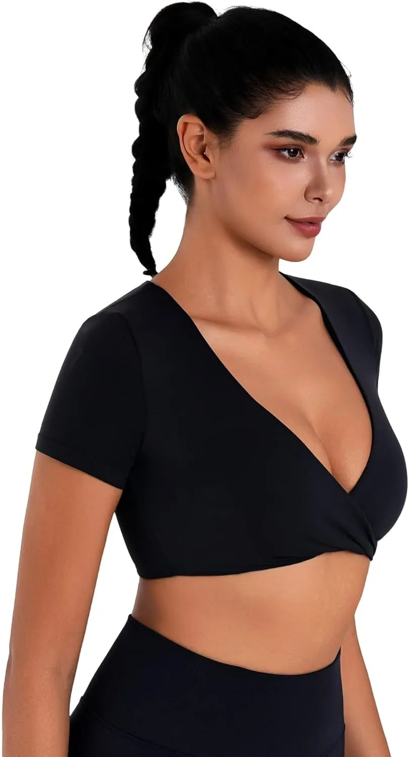 Sunzel Women's Short Sleeve Workout Tops Twist Front Deep V Crop Top Quick Dry Compression Shirts for Yoga Gym Pilates Spring