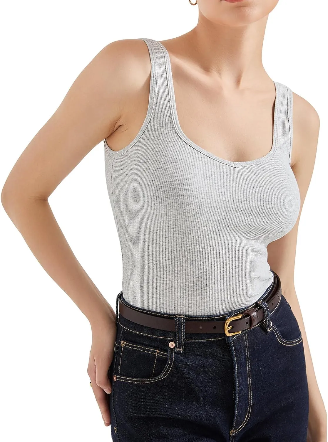 SUUKSESS Women Cotton Ribbed Built in Bra Tank Tops Summer Casual Basic Top