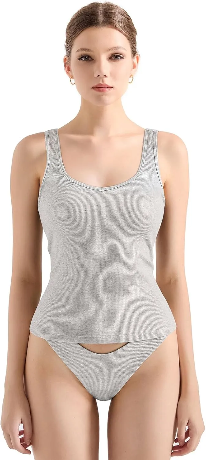 SUUKSESS Women Cotton Ribbed Built in Bra Tank Tops Summer Casual Basic Top