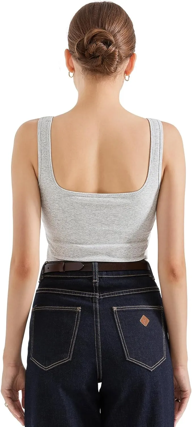 SUUKSESS Women Cotton Ribbed Built in Bra Tank Tops Summer Casual Basic Top