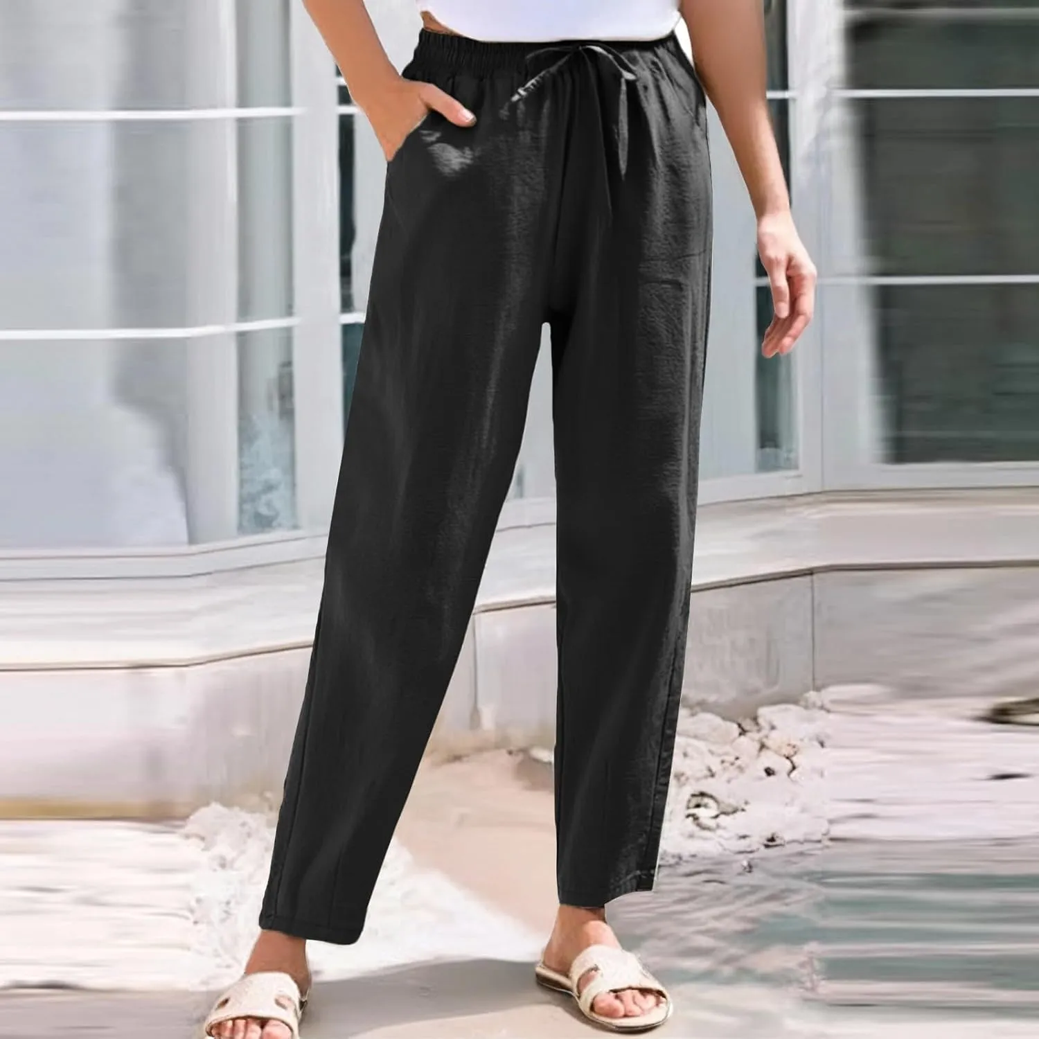 Sweatpants Women Golf Cotton Linen Low Rise,Wide Leg Pants Striped, Trousers with Pockets Baggy Wide