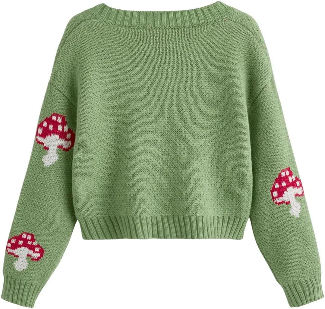SweatyRocks Girl's Cute Graphic Print V Neck Sweater Button Down Knitted Cardigan Top