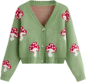 SweatyRocks Girl's Cute Graphic Print V Neck Sweater Button Down Knitted Cardigan Top