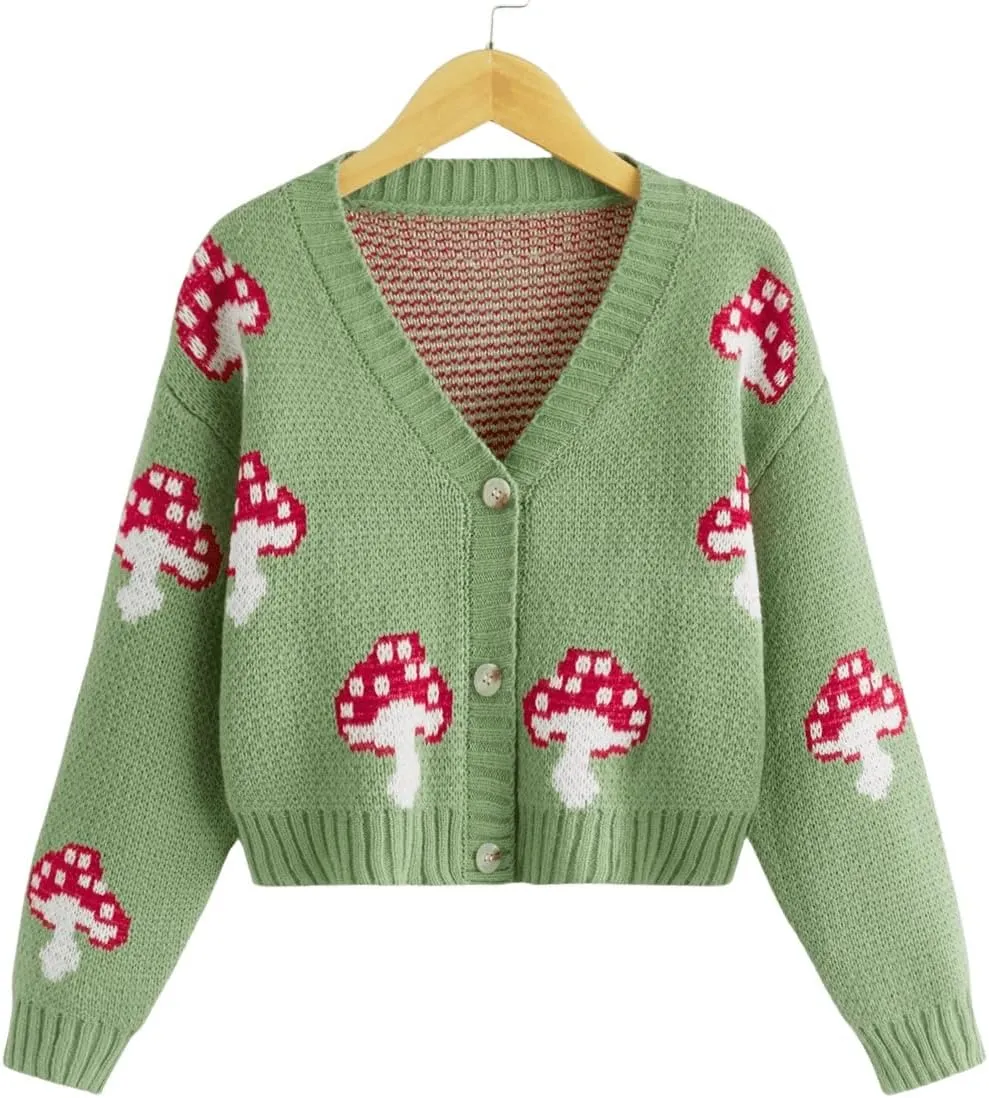 SweatyRocks Girl's Cute Graphic Print V Neck Sweater Button Down Knitted Cardigan Top