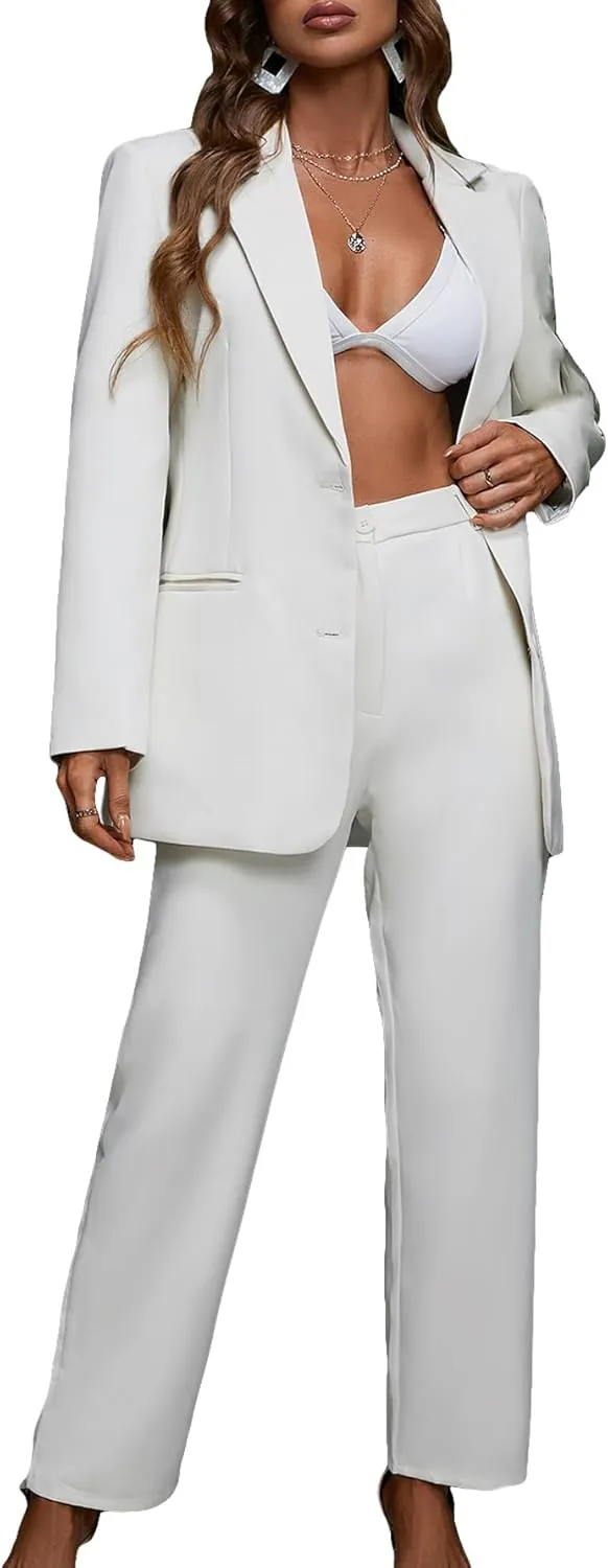 SweatyRocks Women's 2 Piece Outfits Solid Button Down Lapel Blazer Jacket with Pants Office Suit Set
