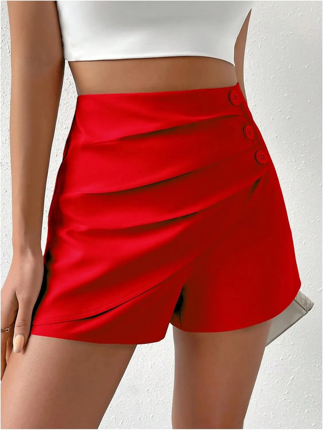 SweatyRocks Women's Casual High Waist Button Front Wrap Shorts Solid Ruched Skort Skirt