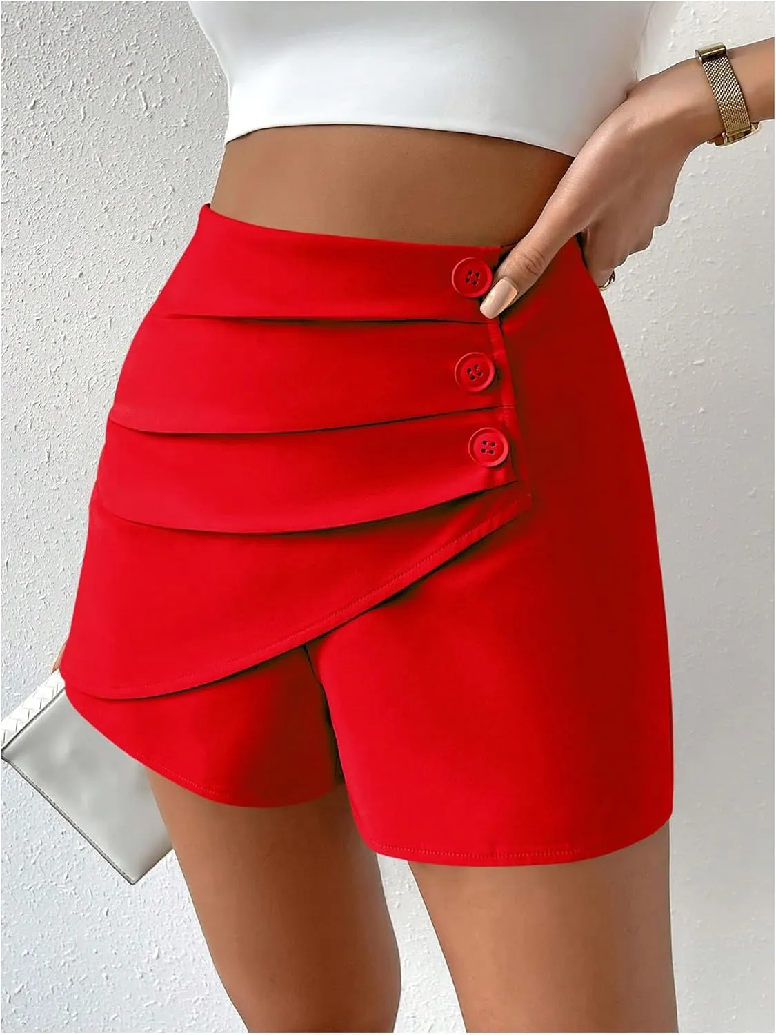 SweatyRocks Women's Casual High Waist Button Front Wrap Shorts Solid Ruched Skort Skirt