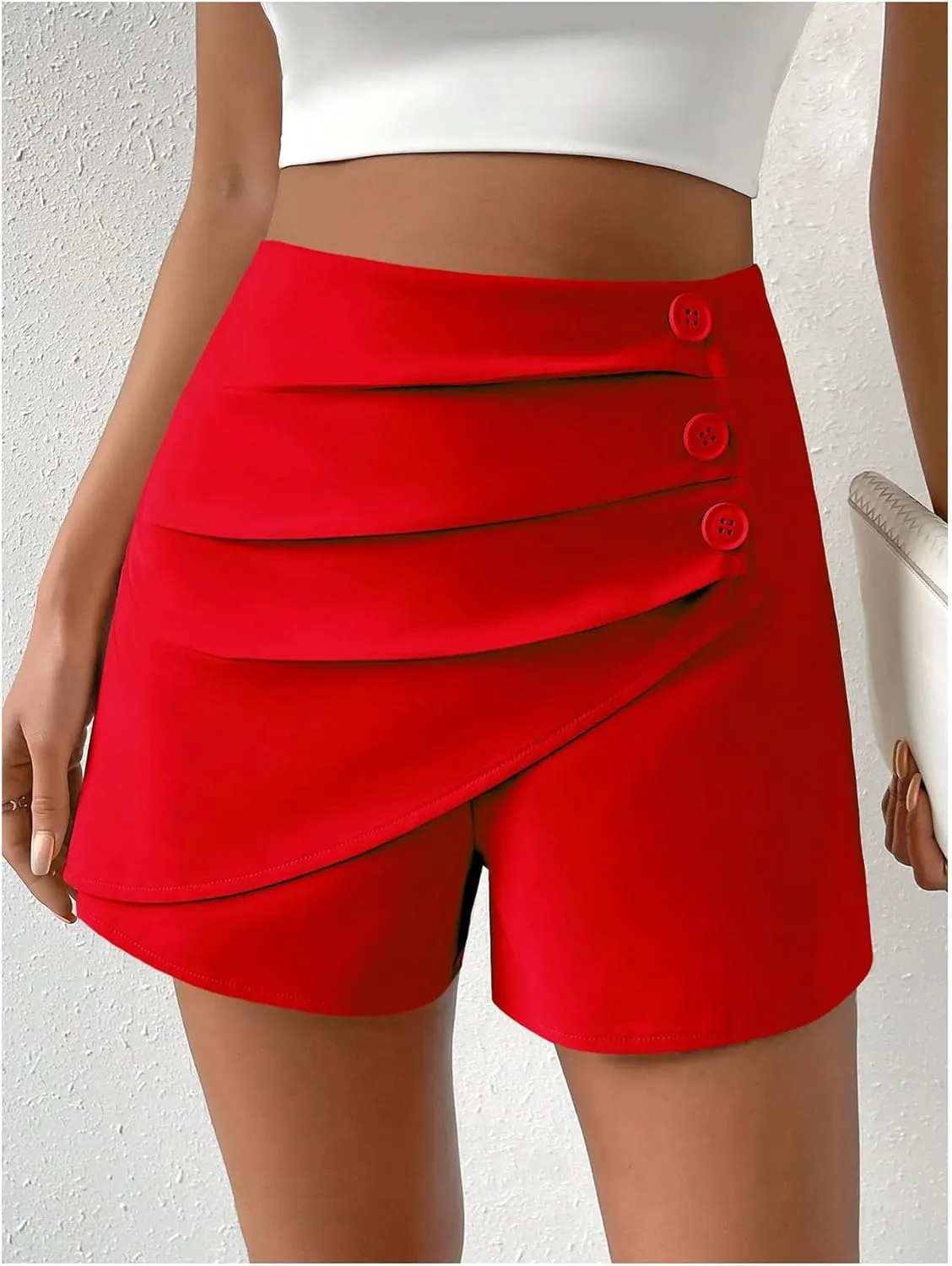 SweatyRocks Women's Casual High Waist Button Front Wrap Shorts Solid Ruched Skort Skirt