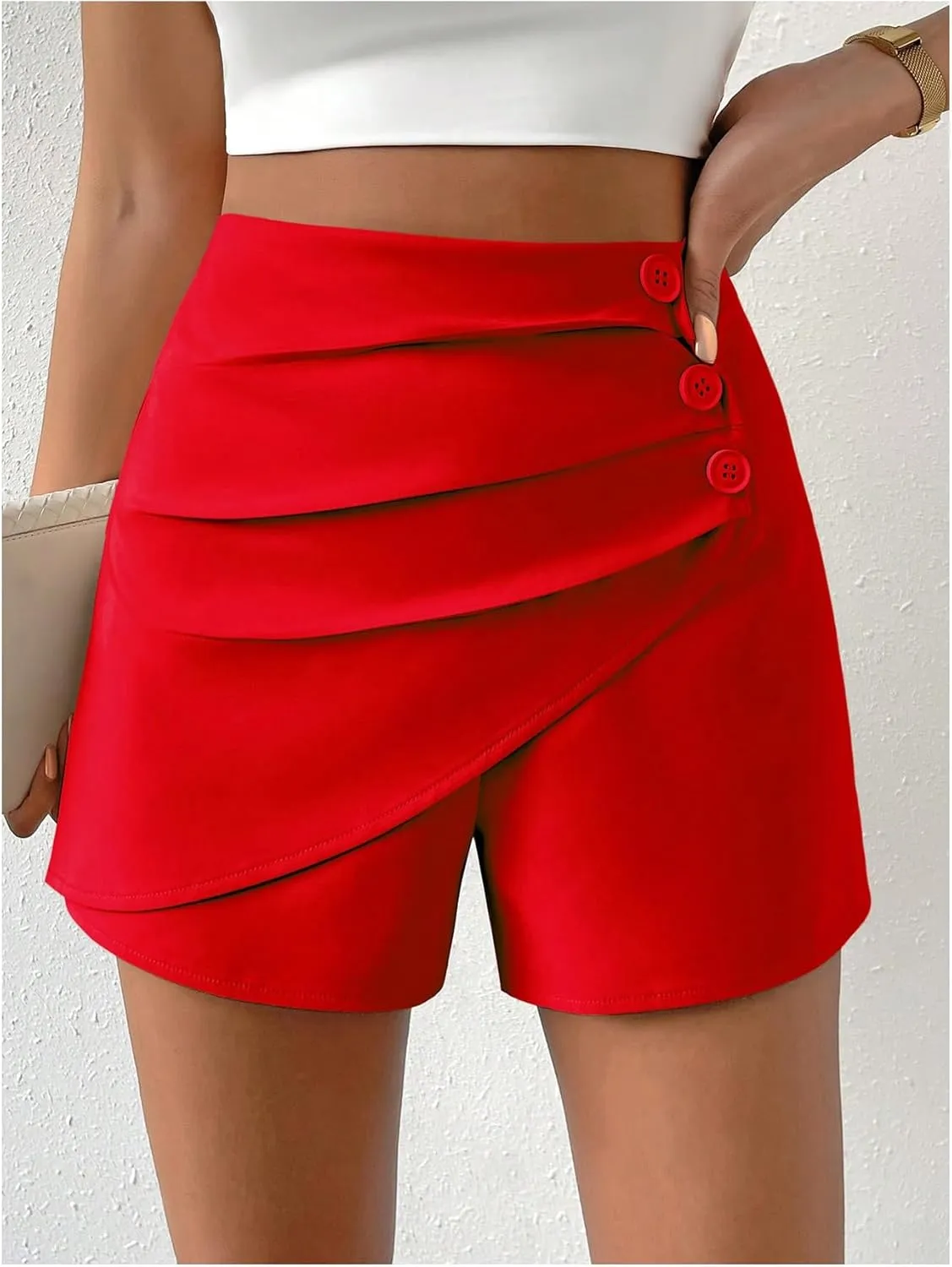 SweatyRocks Women's Casual High Waist Button Front Wrap Shorts Solid Ruched Skort Skirt