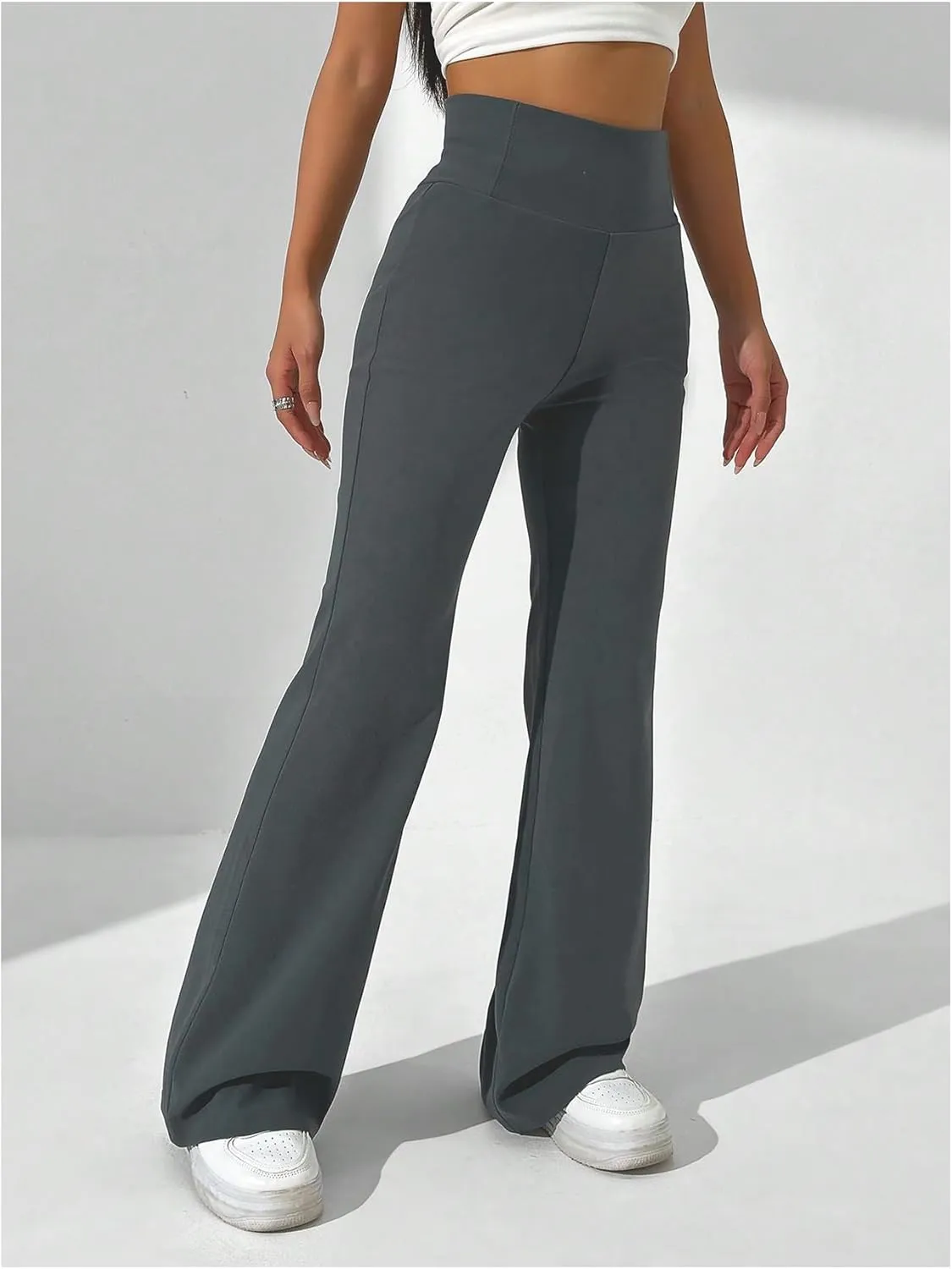 SweatyRocks Women's Flare Leg Elastic High Waist Pants Casual Plain Long Trousers