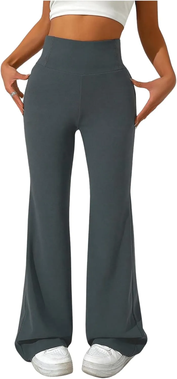 SweatyRocks Women's Flare Leg Elastic High Waist Pants Casual Plain Long Trousers