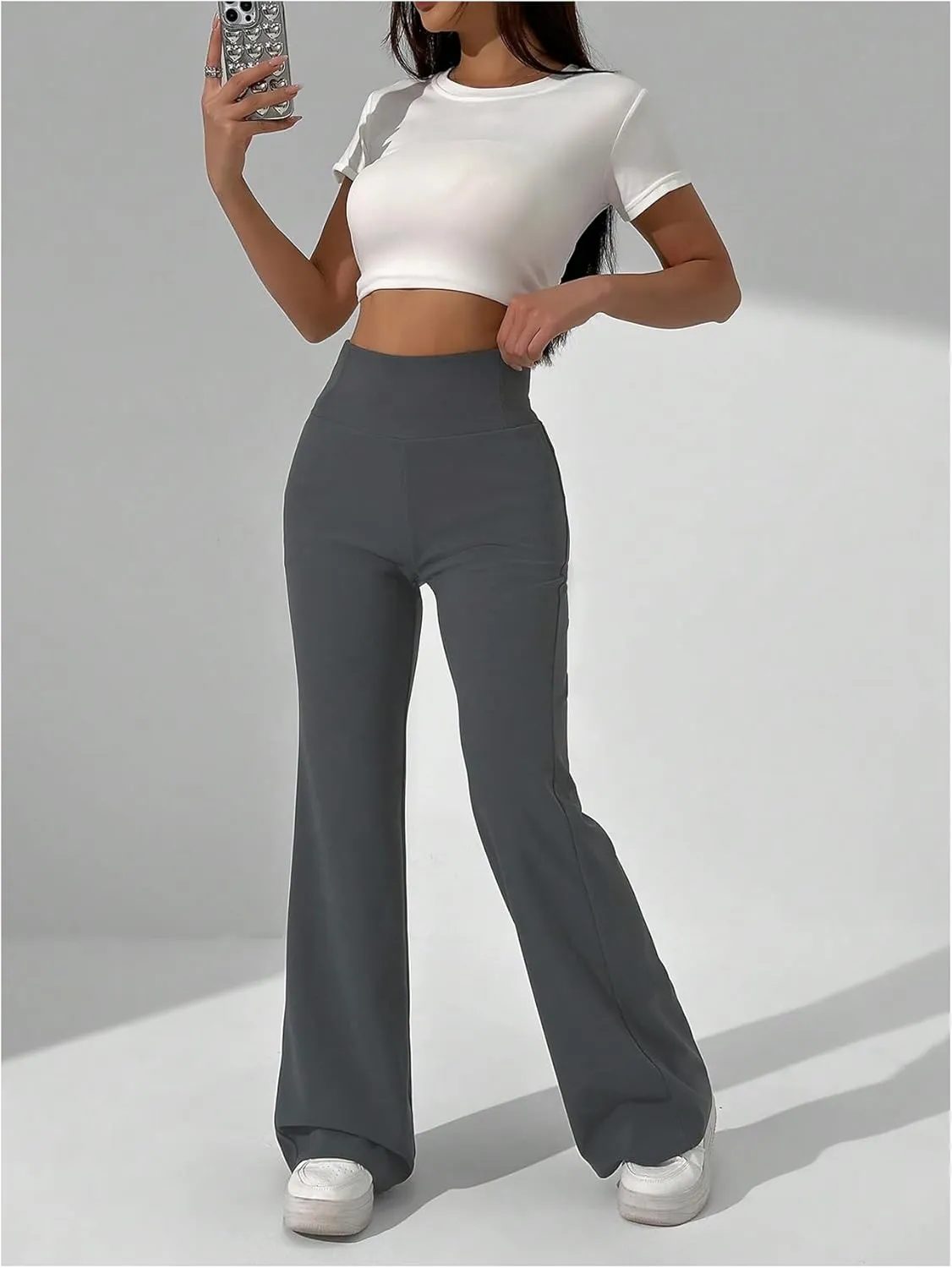 SweatyRocks Women's Flare Leg Elastic High Waist Pants Casual Plain Long Trousers