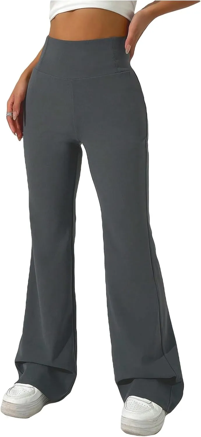 SweatyRocks Women's Flare Leg Elastic High Waist Pants Casual Plain Long Trousers