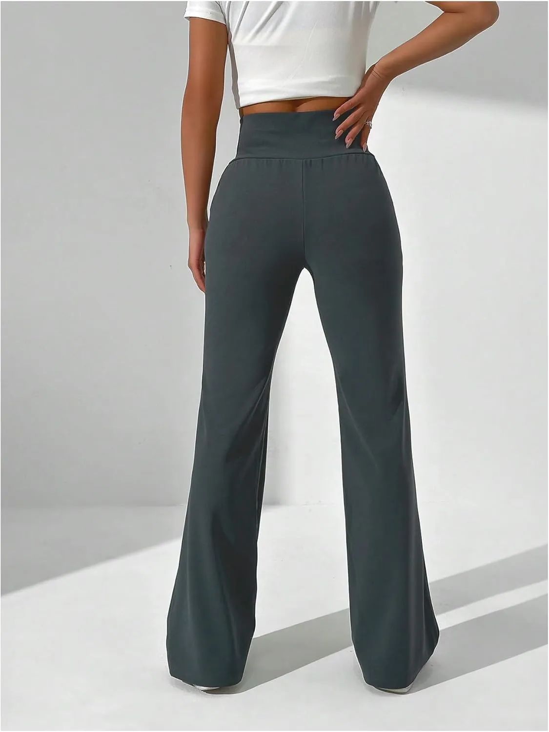 SweatyRocks Women's Flare Leg Elastic High Waist Pants Casual Plain Long Trousers