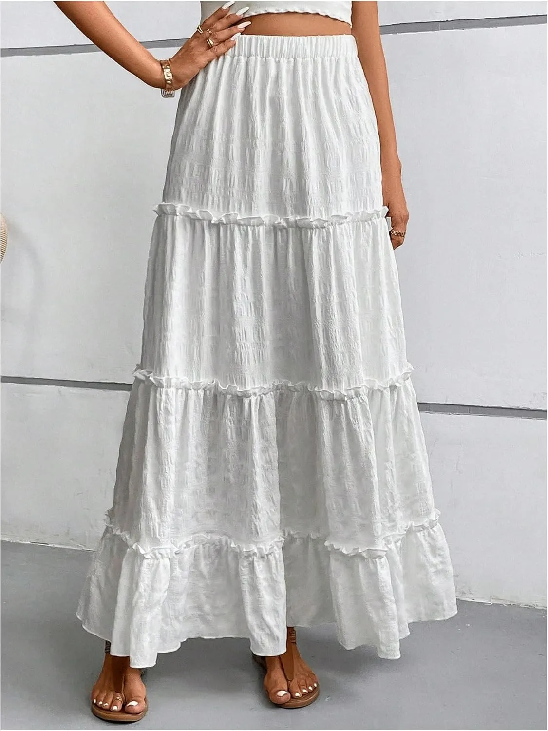SweatyRocks Women's High Waist A Line Layer Frill Trim Ruffle Hem Maxi Skirts