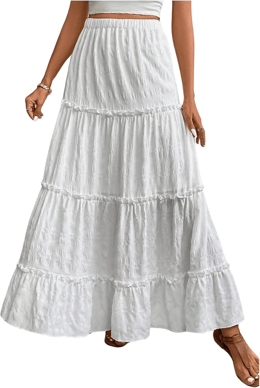 SweatyRocks Women's High Waist A Line Layer Frill Trim Ruffle Hem Maxi Skirts
