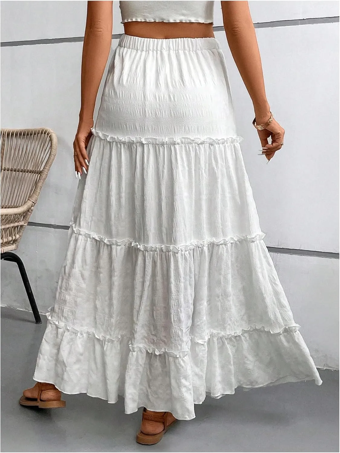 SweatyRocks Women's High Waist A Line Layer Frill Trim Ruffle Hem Maxi Skirts