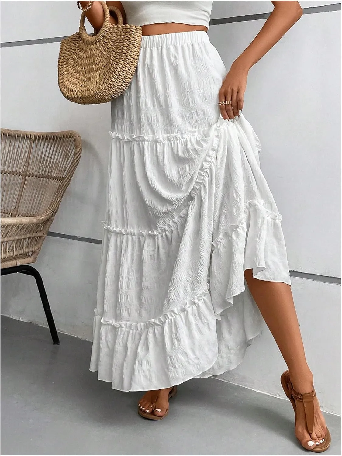 SweatyRocks Women's High Waist A Line Layer Frill Trim Ruffle Hem Maxi Skirts