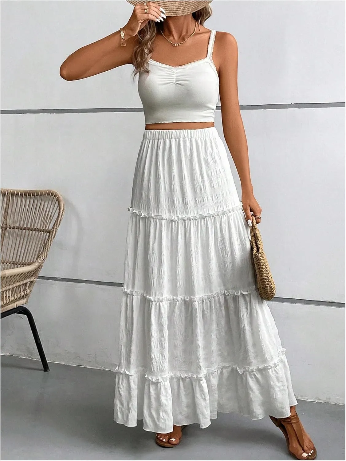 SweatyRocks Women's High Waist A Line Layer Frill Trim Ruffle Hem Maxi Skirts