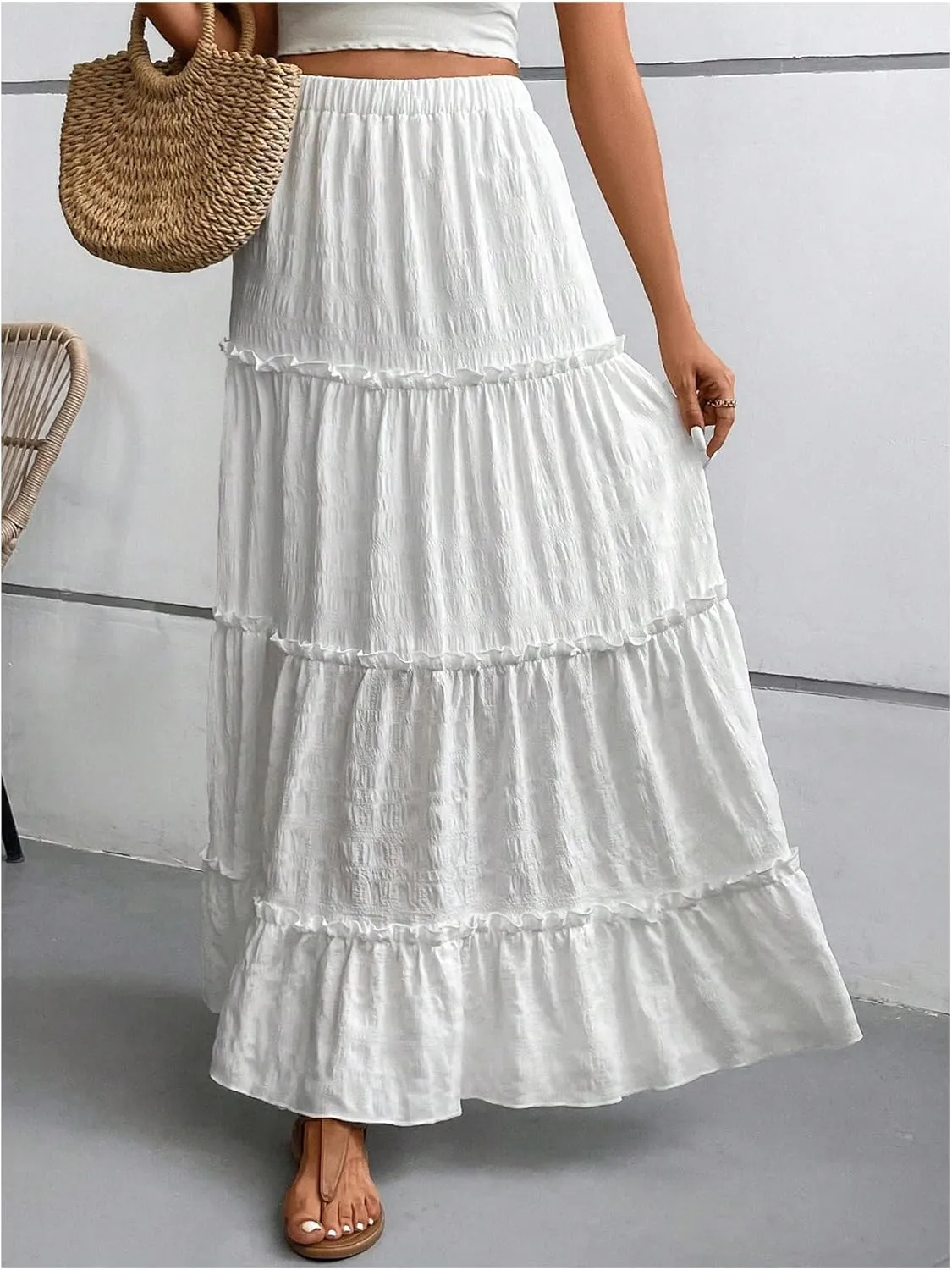 SweatyRocks Women's High Waist A Line Layer Frill Trim Ruffle Hem Maxi Skirts