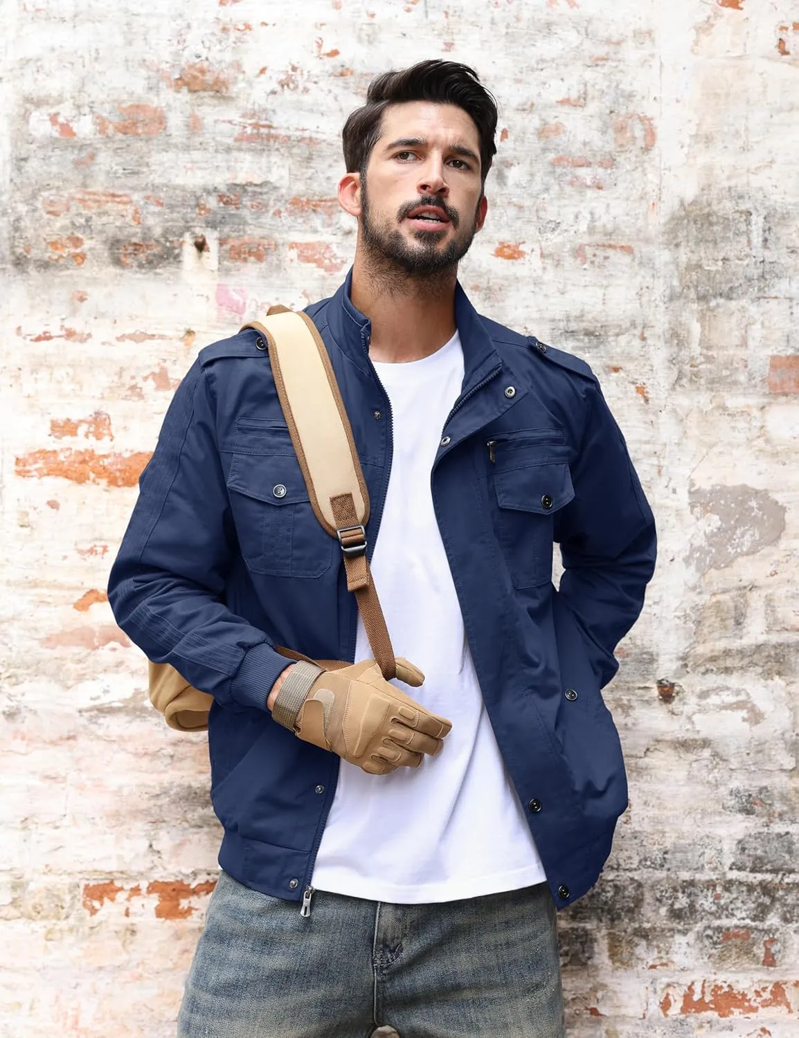 TACVASEN Men's Military Lightweight Jacket Army Cargo Windbreaker Zip Front Stand Collar Cotton Jackets with Multi Pockets