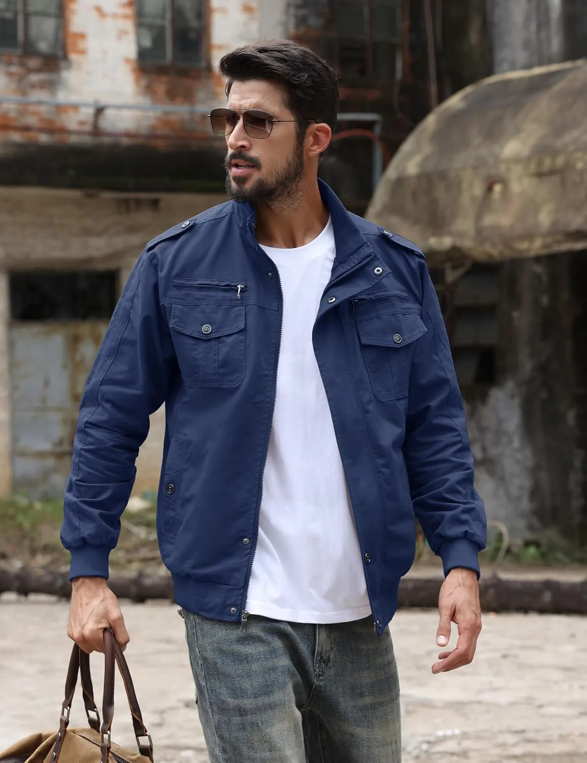 TACVASEN Men's Military Lightweight Jacket Army Cargo Windbreaker Zip Front Stand Collar Cotton Jackets with Multi Pockets