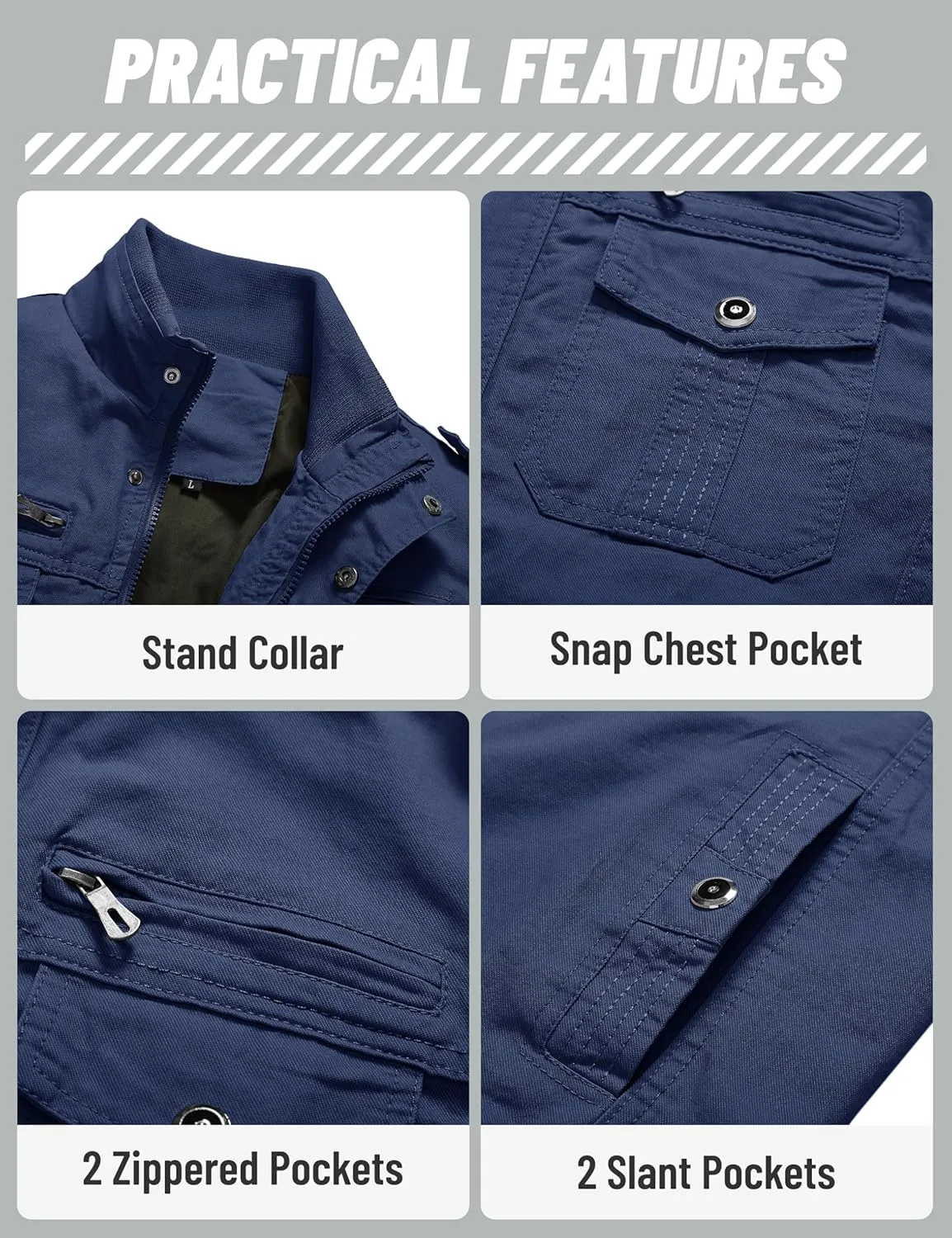 TACVASEN Men's Military Lightweight Jacket Army Cargo Windbreaker Zip Front Stand Collar Cotton Jackets with Multi Pockets