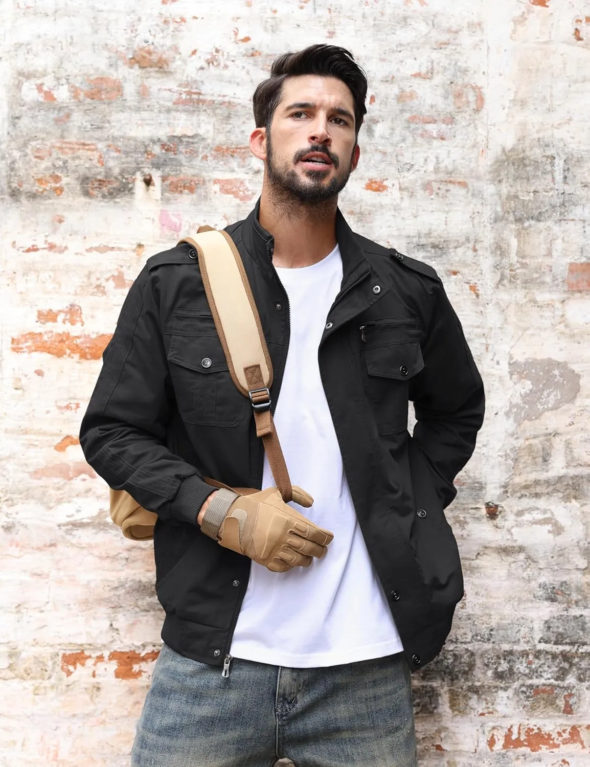 TACVASEN Men's Military Lightweight Jacket Army Cargo Windbreaker Zip Front Stand Collar Cotton Jackets with Multi Pockets